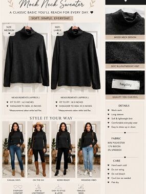 heyday Black Mock Neck Sweater - Lightweight Long Sleeve